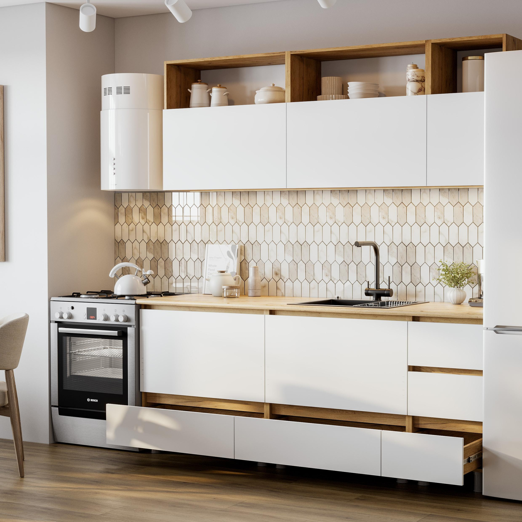 Люмо Кухонный гарнитур со столешницей 2000х2170х600, ДУБ КРАФТ ЗОЛОТО/БЕЛ