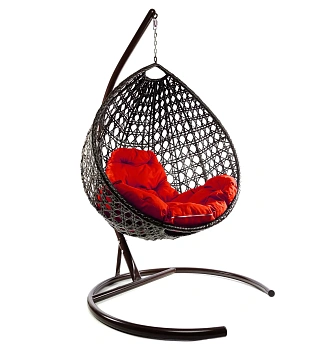 Подвесное кресло КАПЛЯ с ротангом коричневое, красная подушка