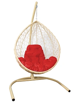 Подвесное кресло КАПЛЯ с ротангом бежевое, красная подушка