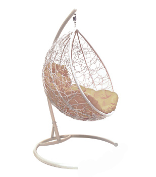 Подвесное кресло КАПЛЯ с ротангом белое, бежевая подушка