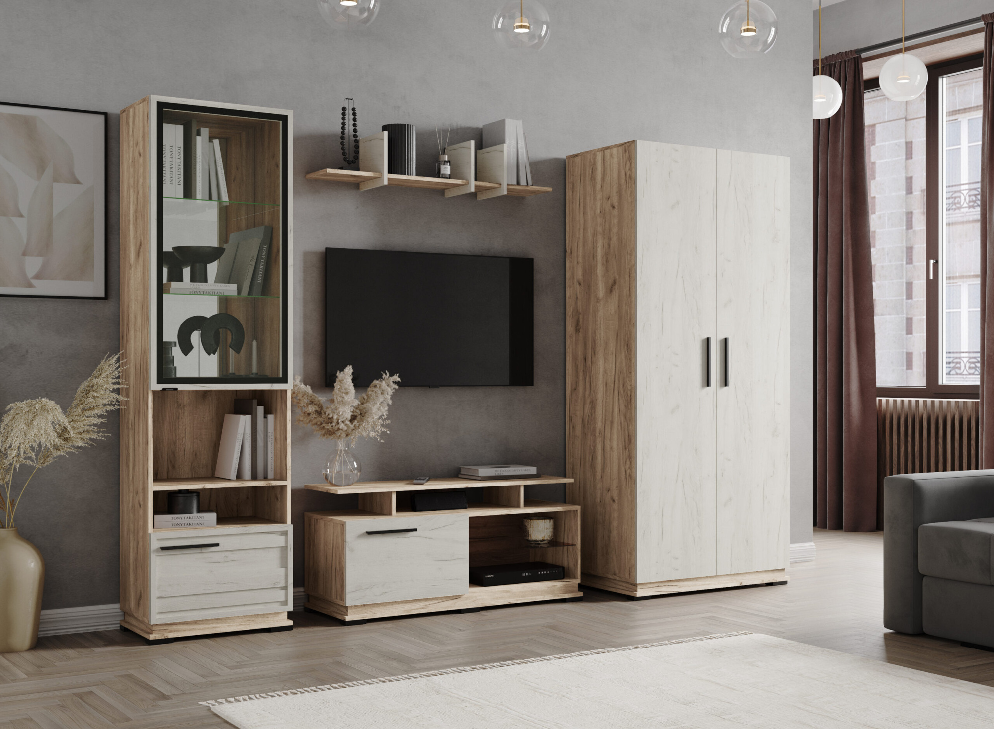 Гостиная Модена пенал с нишей МШ-2 Дуб крафт табачный/Дуб крафт белый