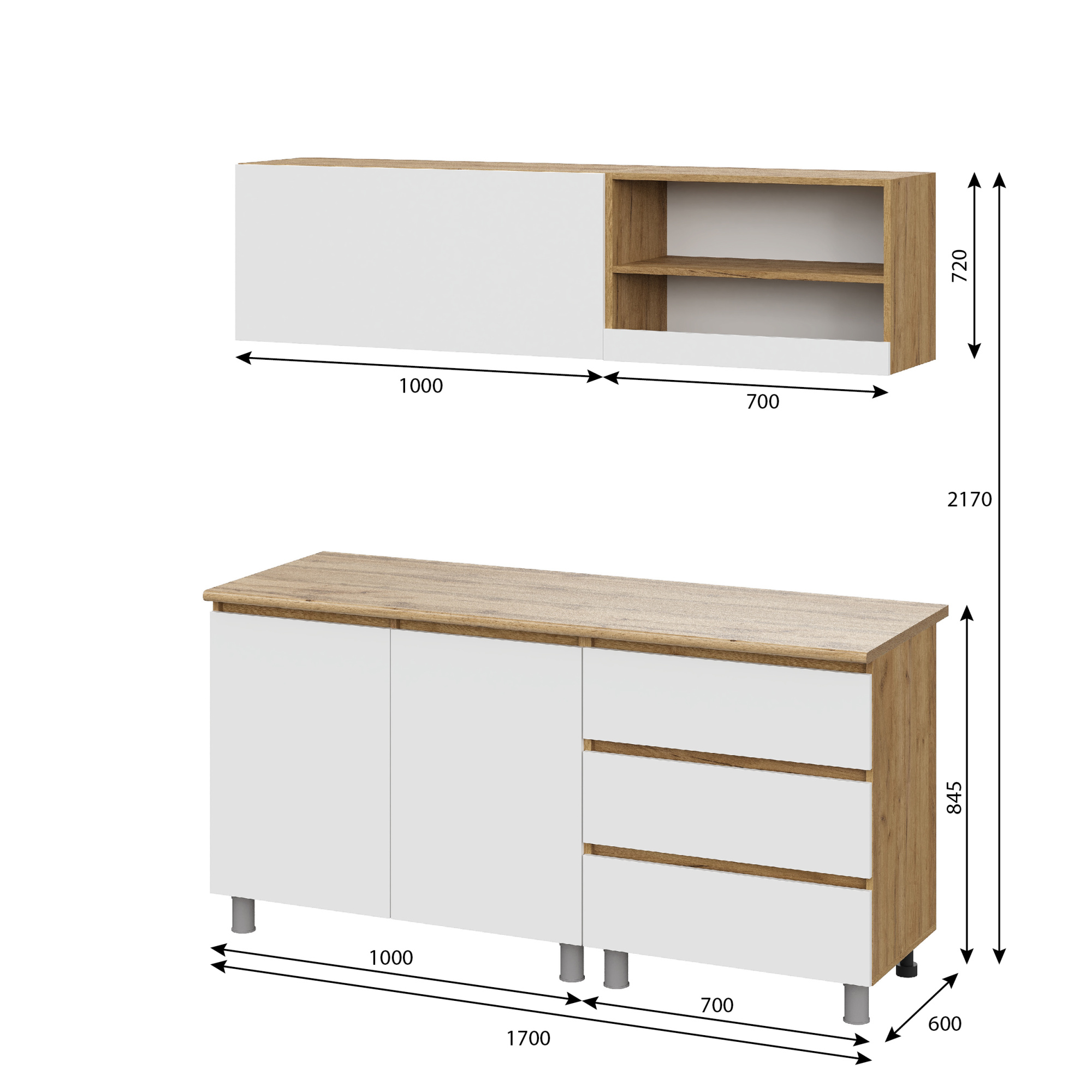 Люмо Кухонный гарнитур со столешницей 1700х1900х600, ДУБ КРАФТ ЗОЛОТО/БЕЛ