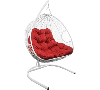 Подвесное кресло ДЛЯ ДВОИХ с ротангом белое, красная подушка