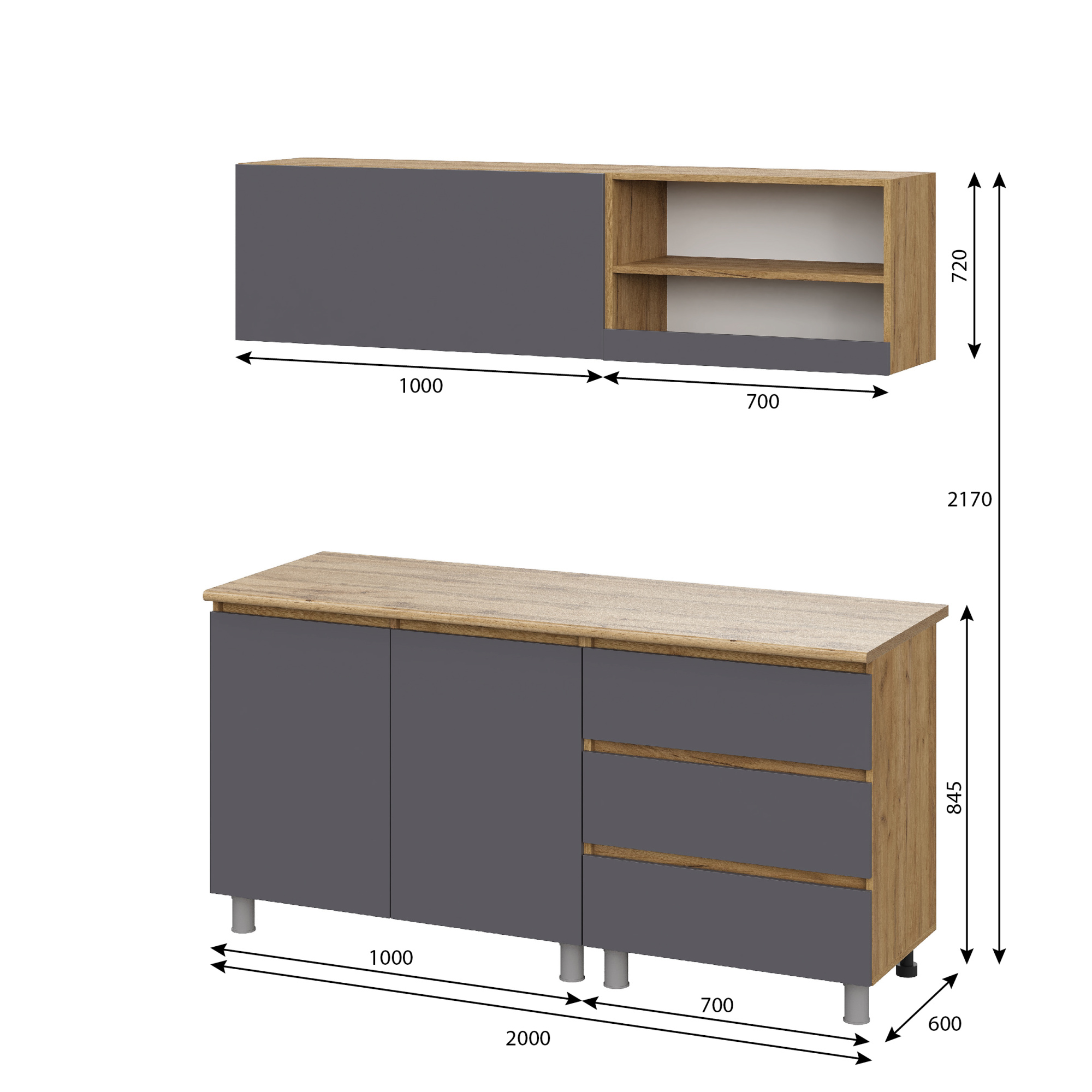 Люмо Кухонный гарнитур со столешницей 1700х1900х600, ДУБ КРАФТ ЗОЛОТО/СЕР