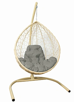 Подвесное кресло КАПЛЯ с ротангом бежевое, серая подушка